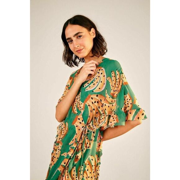 FARM RIO Dress. Green Raining Bananas Maxi Wrap Dress, Size XS, New - Picture 2 of 7